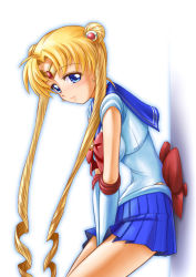 Rule 34 | 1990s (style), 1girl, against wall, bad id, bishoujo senshi sailor moon, blue eyes, blue sailor collar, blue skirt, blush, bow, from side, long hair, obara gaun, pleated skirt, red bow, sailor collar, sailor moon, skirt, solo, stand, tsukino usagi, twintails, v arms