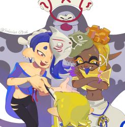 Rule 34 | 1boy, 2girls, bare shoulders, big man (splatoon), black pants, blonde hair, blue hair, blue tongue, cephalopod eyes, chinese commentary, colored eyelashes, colored skin, colored tongue, cross-shaped pupils, crossed arms, dark-skinned female, dark skin, earrings, eyeliner, fang, fangs, folded fan, folding fan, food, food on head, frye (splatoon), groin, hachimaki, hair over one eye, hand fan, harem pants, headband, highres, hokkamuri, holding, holding fan, horizontal pupils, inkling player character, jewelry, long hair, looking at another, makeup, manta ray, mask, mask on head, multicolored hair, multicolored skin, multiple earrings, multiple girls, navel, nejiri hachimaki, nintendo, object on head, pants, pointy ears, poncho, purple hair, purple skin, red eyeliner, red eyes, salorbt, see-through, shiver (splatoon), simple background, smile, splatoon (series), splatoon 3, suction cups, symbol-shaped pupils, tempura, tongue, tongue out, twitter username, two-tone hair, two-tone skin, uneven eyes, white background, white pants, yellow eyes