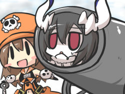 Rule 34 | 10s, 2girls, abyssal ship, anchorage water oni, blush stickers, cannon, chibi, commentary request, crossover, goma (gomasamune), guilty gear, guilty gear xrd, hat, horns, kantai collection, may (guilty gear), md5 mismatch, multiple girls, open mouth, orange hat, pirate, pirate hat, red eyes, sketch, sweatdrop