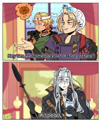 Rule 34 | 2koma, 4boys, axel syrios, ball, basketball, basketball (object), bendy straw, black cloak, black gloves, black nails, blonde hair, blue hair, blurry, blurry background, brooch, cloak, comic, commentary, cup, disposable cup, drinking straw, english commentary, english text, glasses, gloves, grey hair, headband, highres, holding, holding polearm, holding weapon, holostars, holostars english, holotempus, icarly, jewelry, leaf, leaf on head, long hair, magni dezmond, male focus, meme, messy hair, ministarfruit, multicolored hair, multiple boys, nail polish, noir vesper, noir vesper (old design), orange hair, pointy ears, polearm, purple eyes, purple hair, regis altare, shower cap, snail, spear, streaked hair, swept bangs, thought bubble, very long hair, virtual youtuber, weapon, whatcha got there? (meme)