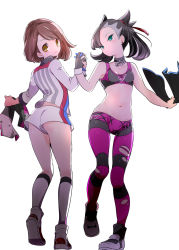 Rule 34 | 2girls, aqua eyes, ass, asymmetrical bangs, bare shoulders, black choker, black gloves, black hair, black socks, blush, breasts, brown eyes, brown hair, choker, chorimokki, closed mouth, collarbone, creatures (company), earrings, full body, game freak, gloria (pokemon), gloves, gym challenge uniform, head tilt, highres, holding, holding towel, jersey, jewelry, kneehighs, long sleeves, looking at viewer, marnie (pokemon), midriff, multiple girls, navel, nintendo, panties, pants, pantyhose, pokemon, pokemon swsh, short hair, short shorts, shorts, simple background, single glove, small breasts, smile, socks, sportswear, standing, stomach, striped clothes, striped pants, striped pantyhose, swept bangs, tight clothes, tight pants, torn clothes, torn legwear, torn pants, towel, twintails, underwear, upshorts, white background, white footwear, white hair, white legwear, white panties, white shorts