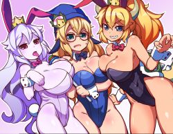 Rule 34 | 3girls, animal ears, bare legs, bare shoulders, black leotard, blonde hair, blue eyes, blue hat, blue leotard, bowsette, breasts, cleavage, colored skin, crown, detached collar, fake animal ears, fukurou0807, glasses, gradient background, hand up, hat, highres, horns, jewelry, kamek, large breasts, legs, leotard, long hair, looking at viewer, luigi&#039;s mansion, magikoopa, mario (series), monster girl, multiple girls, new super mario bros. u deluxe, nintendo, outline, pale skin, playboy bunny, princess king boo, purple background, purple eyes, rabbit ears, round eyewear, shell, smile, spiked shell, spiked tail, spikes, standing, strapless, strapless leotard, super crown, super mario world, tail, turtle shell, very long hair, white hair, white leotard, white outline, white skin, wizard, wrist cuffs