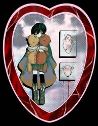 Rule 34 | 1boy, black background, black hair, blood, cape, cloud, floating organs, frilled sleeves, frills, heart, highres, holding, holding stuffed toy, looking at viewer, mahoutsukai no yakusoku, pokuchi, ribbon, snow (mahoutsukai no yakusoku), string, string of fate, stuffed animal, stuffed toy, teddy bear, yellow eyes