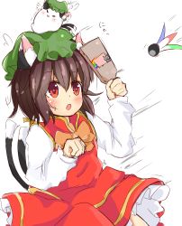 Rule 34 | 1girl, :3, animal ear fluff, animal ears, blush, bow, bowtie, brown hair, cat ears, cat tail, chen, chinoru, cowboy shot, creature, creature on head, dress, earrings, flying sweatdrops, frilled dress, frills, green hat, hagoita, hanetsuki, hat, highres, holding, jewelry, long sleeves, mob cap, multiple tails, nekomata, nyan cat, on head, orange bow, orange bowtie, paddle, paw pose, red dress, red eyes, short hair, simple background, sketch, solo, speed lines, standing, sweatdrop, tail, tareme, touhou, translation request, two tails, white background