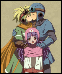 Rule 34 | 1girl, 2boys, :d, blonde hair, born free, brown background, cape, chunsoft, cousins, dragon quest, dragon quest ii, enix, closed eyes, goggles, hand on shoulder, hat, helmet, incest, kiss, long hair, multiple boys, open mouth, prince of lorasia, prince of samantoria, princess of moonbrook, purple hair, red eyes, smile, spiked hair, yaoi