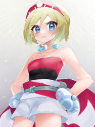 Rule 34 | 1girl, absurdres, blonde hair, blue eyes, blush, bracelet, closed mouth, collar, collarbone, commentary request, creatures (company), frown, game freak, grey background, hairband, hands on own hips, highres, irida (pokemon), jewelry, looking at viewer, nintendo, pokemon, pokemon legends: arceus, red hairband, sash, shirt, short hair, shorts, solo, strapless, strapless shirt, waist cape, white shorts, yama (toaru puyopuyo)