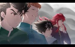 4boys absurdres black_hair blue_jacket brown_eyes clenched_teeth closed_mouth gakuran green_eyes green_jacket hand_on_own_chin hiei_(yu_yu_hakusho) highres jacket kurama_(yu_yu_hakusho) kuwabara_kazuma letterboxed long_hair looking_ahead male_focus multiple_boys orange_hair parang_99 parted_lips pompadour purple_jacket red_eyes red_hair scarf school_uniform serious short_hair sidelocks spiked_hair teeth urameshi_yusuke white_scarf yuu_yuu_hakusho