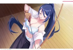 Rule 34 | 1girl, aiba mio, archery, arrow (projectile), blue bra, blue hair, blue panties, blush, bow (weapon), bra, breasts, cleavage, closed eyes, female focus, floating hair, floor, from above, gloves, hakama, hakama skirt, hand up, high ponytail, highres, holding, holding bow (weapon), holding weapon, indoors, japanese clothes, kyuudou, large breasts, long hair, navel, off shoulder, official art, omega labyrinth, omega labyrinth life, open clothes, open mouth, original, page number, panties, partially fingerless gloves, partly fingerless gloves, ponytail, skirt, solo, standing, sweat, u35, underwear, very long hair, wardrobe malfunction, weapon, wooden floor, yugake