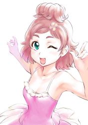 Rule 34 | 1girl, armpits, breasts, brown hair, dress, go! princess precure, green eyes, hair ornament, haruno haruka, looking at viewer, open mouth, precure, short hair, simple background, smile, solo, ueyama michirou, white background