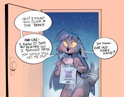 Rule 34 | 1girl, door, fur, herny, highres, long hair, monster, monster girl, nude, open mouth, paper, pointy ears, purple hair, smile, solo, tail, text focus, vivian (original character), werewolf, wet, yellow eyes