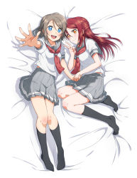 Rule 34 | 2girls, :d, absurdres, arm up, bed sheet, black socks, blue eyes, braid, closed mouth, collarbone, collared shirt, couple, french braid, full body, grey hair, grey sailor collar, grey skirt, highres, holding hands, kneehighs, long hair, looking at viewer, love live!, love live! sunshine!!, lying, midriff peek, miniskirt, multiple girls, neckerchief, on back, on side, open mouth, outstretched arm, outstretched hand, pleated skirt, red hair, red neckerchief, sailor collar, sailor shirt, sakurauchi riko, school uniform, shirt, short hair, short sleeves, skirt, smile, socks, uranohoshi school uniform, watanabe you, white shirt, yellow eyes, yuchi (salmon-1000)