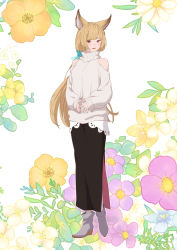Rule 34 | 1girl, alternate costume, animal ears, bare shoulders, black skirt, blonde hair, blush, boots, breasts, brown eyes, casual, clothing cutout, floral background, full body, granblue fantasy, long hair, looking at viewer, low ponytail, mifuta, open mouth, shoulder cutout, side slit, skirt, sleeves past wrists, small breasts, smile, solo, standing, sweater, turtleneck, turtleneck sweater, white sweater, yuisis (granblue fantasy)
