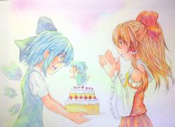Rule 34 | 2girls, blue dress, blue eyes, blue hair, bow, brown hair, cake, cirno, clapping, detached sleeves, dress, food, giving, hair bow, hair tubes, hakurei reimu, highres, holding, ice, ice wings, long hair, looking at another, multiple girls, open mouth, painting (medium), pink background, puffy short sleeves, puffy sleeves, short hair, short sleeves, smile, touhou, traditional media, upper body, watercolor (medium), wings, yuyu (00365676)