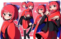 Rule 34 | 1girl, absurdres, black shirt, black thighhighs, bow, cloak, commentary, disembodied head, english commentary, hair bow, highres, long sleeves, looking at viewer, multiple heads, multiple views, open mouth, outline, outside border, purple bow, red background, red eyes, red hair, red skirt, sekibanki, shirt, short hair, skirt, smile, spam (spamham4506), star (symbol), thighhighs, touhou, white outline