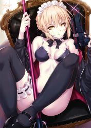 Rule 34 | 1girl, ahoge, apron, artoria pendragon (all), artoria pendragon (alter swimsuit rider) (fate), artoria pendragon (alter swimsuit rider) (second ascension) (fate), artoria pendragon (fate), bikini, black bikini, black footwear, black jacket, black thighhighs, blonde hair, braid, breasts, bridal garter, broom, chair, detached collar, expressionless, fate/grand order, fate/stay night, fate (series), frills, gun, handgun, highres, holding, holding broom, holding gun, holding weapon, jacket, looking at viewer, maid, maid bikini, maid headdress, mary janes, medium breasts, navel, open clothes, pistol, ribbon, saber alter, sakiyamama, shoes, short hair, sitting, solo, swimsuit, thighhighs, tsurime, unconventional maid, v-shaped eyebrows, weapon, yellow eyes