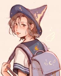 Rule 34 | 1girl, artist name, backpack, bad id, bad twitter id, bag, blue sailor collar, blush, brown hair, clivenzu, closed mouth, commentary, english commentary, fingernails, from behind, graphite (medium), grey background, hands up, hat, highres, looking at viewer, mixed media, mole, mole on neck, mole under eye, original, purple hat, randoseru, sailor collar, school uniform, serafuku, shirt, short sleeves, smile, solo, traditional media, twitter username, white shirt