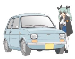 Rule 34 | 10s, 1girl, anchovy (girls und panzer), anzio school uniform, belt, black cape, black footwear, black necktie, black ribbon, blue skirt, cape, car, commentary request, dress shirt, drill hair, fiat 126, girls und panzer, green hair, hair ribbon, hand on own chin, loafers, long hair, long sleeves, miniskirt, motor vehicle, necktie, pantyhose, pleated skirt, red eyes, ribbon, school uniform, shirt, shoes, simple background, skirt, solo, standing, sweatdrop, thinking, twin drills, twintails, uona telepin, vehicle focus, white background, white pantyhose, white shirt