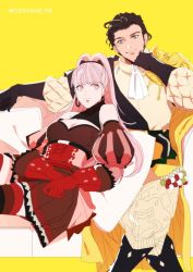 Rule 34 | 1boy, 1girl, bare shoulders, black gloves, black hair, breasts, claude von riegan, cleavage, cleavage cutout, closed mouth, clothing cutout, couch, ascot, dark skin, dress, earrings, fire emblem, fire emblem: three houses, gloves, hilda valentine goneril, hoop earrings, jewelry, long hair, matching hair/eyes, medium breasts, nintendo, pink eyes, pink hair, puffy sleeves, red gloves, simple background, sitting, twitter username, username hb, yellow background