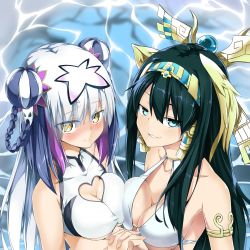 Rule 34 | 2girls, @ichigo, absurdres, adapted costume, armlet, bare shoulders, black hair, blue eyes, blush, breast press, breasts, cleavage, cleavage cutout, clothing cutout, crop top, full-face blush, grin, haku (p&amp;d), heart, heart cutout, highres, holding hands, interlocked fingers, isis (p&amp;d), jewelry, long hair, looking at viewer, lots of jewelry, multiple girls, o-ring, o-ring top, parted lips, puzzle &amp; dragons, shiny skin, shirt, smile, strap gap, taut clothes, taut shirt, water, white hair, yellow eyes
