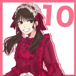 Rule 34 | 1girl, :d, animification, arms at sides, border, bow, bow hairband, brown eyes, brown hair, brown ribbon, commentary, countdown, cross-laced clothes, cross-laced sleeves, dress, floral print, frilled dress, frills, grin, hair bow, hairband, ishii haruna, light blush, lolita hairband, long hair, long sleeves, looking at viewer, low twintails, mole, mole under eye, neck ribbon, nigari (ngari 0115), open mouth, outside border, pink border, print dress, real life, red bow, red dress, ribbon, rose print, simple background, smile, solo, twintails, upper body, voice actor connection, white background