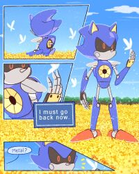 Rule 34 | 1boy, animal ears, armor, artist name, back, be random now, black sclera, blue armor, blue sky, bug, butterfly, butterfly wings, cloud, cloudy sky, colored sclera, comic, commentary, day, english commentary, english text, fake animal ears, fake claws, flower, flying, forest, hand up, hedgehog ears, highres, insect, insect wings, looking to the side, male focus, metal sonic, nature, outdoors, pointy nose, red eyes, red footwear, robot, shoes, sitting, sky, sneakers, solo, sonic (series), standing, tree, wings, yellow flower