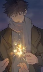 Rule 34 | 1boy, 2others, black hair, blue eyes, breath, brown coat, coat, fingernails, fireworks, fushiguro megumi, grey scarf, hair between eyes, highres, holding, holding fireworks, jujutsu kaisen, multiple others, open clothes, open coat, outdoors, parted lips, scarf, shanya0015, sky, solo focus, sparkler, star (sky), starry sky