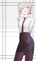 Rule 34 | 1girl, absurdres, arms behind back, bad id, bad twitter id, black necktie, black skirt, blush, brown pantyhose, collared shirt, contrapposto, cowboy shot, grey hair, hair bun, highres, long sleeves, looking to the side, necktie, open mouth, original, pantyhose, pencil skirt, red eyes, shirt, single hair bun, skirt, solo, standing, tsu (lovesick1964), two (tsu (lovesick1964)), white shirt, wing collar