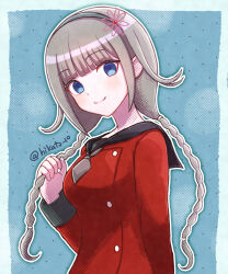 Rule 34 | 1girl, black sailor collar, blue eyes, blunt bangs, braid, brown neckerchief, closed mouth, commentary request, freckles, grey hair, hairband, highres, kurumi wendy, long sleeves, looking at viewer, master detective archives: rain code, neckerchief, red shirt, sailor collar, school uniform, shirt, smile, solo, toyatopa, twin braids, twitter username