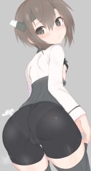 Rule 34 | 10s, 1girl, arms at sides, ass, bike shorts, black thighhighs, blush, breasts, brown eyes, brown hair, cowboy shot, from behind, hair between eyes, hairband, headgear, highres, kantai collection, leaning forward, looking at viewer, makabe gorou, matching hair/eyes, muneate, panties under bike shorts, short hair, sideboob, small breasts, solo, taihou (kancolle), thighhighs, thighs