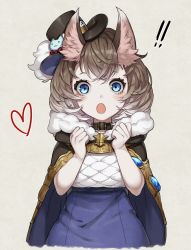 Rule 34 | !, !!, 1girl, animal ears, beige background, blue eyes, blush, brown hair, cape, collar, fang, hat, heart, highres, looking at viewer, open mouth, original, simple background, solo, youcapriccio, yuu (higashi no penguin)