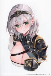 Rule 34 | 1girl, absurdres, armor, blush, braid, breasts, buttons, cleavage, closed mouth, gold trim, green eyes, head tilt, highres, hololive, jewelry, large breasts, looking at viewer, mole, mole on breast, page number, puffy sleeves, scan, shiny skin, shirogane noel, shirogane noel (1st costume), short hair, shoulder armor, simple background, smile, solo, tiara, upper body, virtual youtuber, watao, white hair