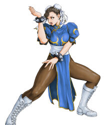 Rule 34 | 1girl, bangle, black pantyhose, blue dress, boots, bracelet, breasts, brown hair, capcom, china dress, chinese clothes, chun-li, double bun, dress, earrings, fighting stance, full body, hair bun, hair ribbon, highres, jewelry, knee boots, large breasts, looking to the side, medium breasts, open mouth, pantyhose, pearl earrings, pelvic curtain, puffy short sleeves, puffy sleeves, ribbon, short sleeves, shouting, solo, spiked bracelet, spikes, street fighter, thighs, white background, white footwear, white ribbon, x chitch