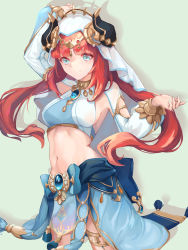 Rule 34 | 1girl, absurdres, aqua eyes, arm up, blue gemstone, blue nails, breasts, brooch, chain, circlet, closed mouth, clothing cutout, dancer, fake horns, forehead jewel, gem, genshin impact, gold chain, hands up, harem outfit, highres, horns, jewelry, long hair, looking at viewer, medium breasts, nail polish, navel, nilou (genshin impact), red hair, simple background, smile, solo, sshiran, thighlet, twintails, white veil