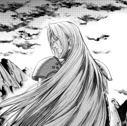 Rule 34 | 1boy, armor, black coat, closed mouth, cloud, cloudy sky, coat, facing away, final fantasy, final fantasy vii, grey hair, greyscale, highres, long hair, long sleeves, looking to the side, makix5s, male focus, monochrome, mountain, outdoors, parted bangs, screentones, sephiroth, shoulder armor, sky, solo, upper body, very long hair