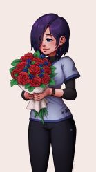Rule 34 | 1girl, absurdres, alternate hair length, alternate hairstyle, artist name, black pants, blue flower, blue rose, bouquet, burn scar, commentary, earrings, english commentary, flower, furin94, hair over one eye, highres, holding, holding bouquet, ikezawa hanako, jewelry, katawa shoujo, layered sleeves, long sleeves, looking away, aged up, pants, purple eyes, purple hair, red flower, red rose, ring, rose, scar, short hair, short over long sleeves, short sleeves, simple background, smile, solo, wedding band