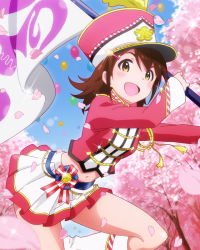 Rule 34 | &gt;:d, 10s, 1girl, :d, artist request, balloon, band uniform, boots, brown eyes, brown hair, character name, cherry blossoms, flag, hair ornament, hairclip, hat, idolmaster, idolmaster million live!, kasuga mirai, looking at viewer, navel, official art, open mouth, petals, shako cap, short hair, skirt, smile, uniform, v-shaped eyebrows, white footwear