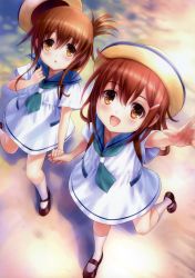 Rule 34 | 10s, 2girls, :d, :o, absurdres, alternate costume, blush, brown eyes, brown hair, child, collarbone, dress, fang, folded ponytail, from above, goto p, hair ornament, hairclip, hat, unworn hat, unworn headwear, highres, holding hands, ikazuchi (kancolle), inazuma (kancolle), kantai collection, kneehighs, mary janes, multiple girls, neckerchief, open mouth, outstretched arm, sailor dress, scan, shoes, short sleeves, smile, socks, standing, standing on one leg, sun hat, white legwear