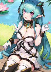 Rule 34 | 1girl, :d, bare shoulders, black ribbon, black thighhighs, blush, breasts, cleavage, cowboy shot, day, detached collar, dress, earrings, gloves, grass, green hair, hair ribbon, headgear, highres, holding, jewelry, long hair, looking at viewer, medium breasts, millennium tour, mimikaki, open mouth, outdoors, pink eyes, pleated dress, pointy ears, ribbon, ritsu (millennium tour), short dress, sitting, smile, solo, strapless, strapless dress, taotao, thighhighs, two-tone thighhighs, very long hair, water, water lily flower, white dress, white gloves, white thighhighs