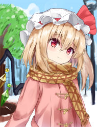 Rule 34 | 1girl, alternate costume, blonde hair, blue sky, blush, brown scarf, casual, commentary request, contemporary, crystal, day, flandre scarlet, hair between eyes, hat, hat ribbon, head tilt, highres, kaeremu, long hair, long sleeves, looking at viewer, mob cap, one side up, red eyes, red ribbon, ribbon, scarf, sky, smile, solo, touhou, tree, upper body, white hat, wings