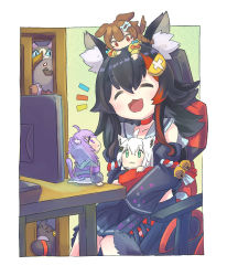 Rule 34 | 4girls, :3, ^^^, ahoge, animal, animal ear fluff, animal ears, animal on head, black hair, black shirt, black skirt, black sleeves, bone hair ornament, border, brown hair, cat ears, cat girl, cat tail, chair, chibi, closed eyes, commentary request, desk, detached sleeves, dog ears, dog girl, dog tail, fox ears, fox girl, gaming chair, green eyes, hair between eyes, hair ornament, hairclip, highres, holding person, hololive, hololive gamers, hood, hoodie, inugami korone, jacket, looking at another, miochun, monitor, multiple girls, nekomata okayu, on head, ookami mio, ookami mio (1st costume), open door, open mouth, purple eyes, purple hair, purple hoodie, red eyes, red hair, shirakami fubuki, shirakami fubuki (1st costume), shirt, sidelocks, sitting, skirt, swivel chair, tail, virtual youtuber, white hair, wolf ears, wolf girl, wolf tail, yellow jacket, yunra665