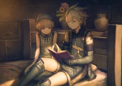 Rule 34 | 1boy, 1girl, anbe yoshirou, bed, black gloves, blue eyes, book, brother and sister, closed mouth, flower, gloves, highres, nier, nier (series), nier (brother), short hair, siblings, smile, white hair, yonah