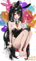 Rule 34 | 1girl, 2023, absurdres, arm support, armpit crease, balloon, bare legs, barefoot, between breasts, black hair, black leotard, black necktie, blush, breasts, carrot, chair, commentary, confetti, detached collar, english commentary, feet, full body, hand up, head tilt, highleg, highleg leotard, highres, knees up, large breasts, legs, legs together, leotard, long hair, looking at viewer, necktie, original, playboy bunny, rabbit, red eyes, shiny clothes, sidelocks, simple background, sitting, so shio, solo, spread toes, teeth, thighs, toenails, toes, twintails, upper teeth only, v, very long hair, white background, wrist cuffs