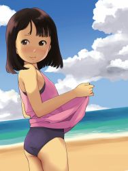 Rule 34 | 1girl, anyannko, ass, bad id, bad pixiv id, beach, blue one-piece swimsuit, brown eyes, brown hair, clothes lift, cloud, dress, dress lift, from behind, highres, lifted by self, looking back, ocean, one-piece swimsuit, original, outdoors, pink dress, school swimsuit, short dress, short hair, sky, sleeveless, sleeveless dress, smile, solo, sundress, swimsuit, swimsuit under clothes, thighs