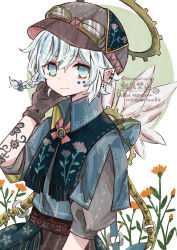 Rule 34 | 1boy, arm tattoo, bloomminority, blue eyes, braid, fantasy, flower, gears, gloves, goggles, hat, highres, looking at viewer, male focus, original, pointy ears, short hair, smile, solo, steampunk, tattoo, white background, white hair, yellow flower