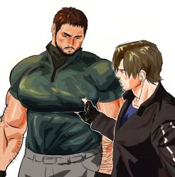 Rule 34 | 123456dyom, 2boys, absurdres, bara, black gloves, black hair, black jacket, blue shirt, brown hair, chris redfield, closed mouth, facial hair, fingerless gloves, gloves, green shirt, grey pants, highres, jacket, large pectorals, leon s. kennedy, male focus, multiple boys, muscular, muscular male, pants, pectoral grab, pectorals, resident evil, resident evil 6, shirt, short hair