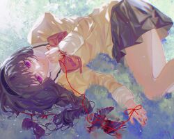 Rule 34 | 1girl, akemi homura, black hair, black hairband, black skirt, blood, blood on hands, bow, bowtie, braid, collared jacket, crying, crying with eyes open, day, feet out of frame, from above, glasses, hair spread out, hairband, highres, holding, holding ribbon, jacket, juliet sleeves, long hair, long sleeves, low-braided long hair, low-tied long hair, lying, mahou shoujo madoka magica, mahou shoujo madoka magica (anime), mitakihara school uniform, on back, on grass, outdoors, parted lips, puffy sleeves, purple eyes, red-framed eyewear, red bow, red bowtie, ribbon, school uniform, severed wings, single braid, skirt, solo, tears, unworn eyewear, yashenkeye, yellow jacket