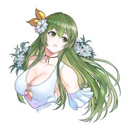 Rule 34 | 1girl, artist name, bare shoulders, blush, breasts, cleavage, erinys (fire emblem), fire emblem, fire emblem: genealogy of the holy war, flower, flower on head, green eyes, green hair, large breasts, lips, meziosaur, solo, swimsuit, underboob