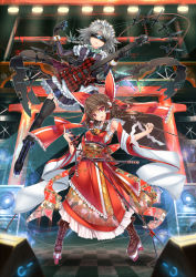 Rule 34 | 2girls, adapted costume, apron, armpits, between breasts, black gloves, black legwear, boots, bow, braid, breasts, brown hair, cross-laced footwear, detached sleeves, dress, electric guitar, floral print, garter straps, gloves, gohei, guitar, hair bow, hair tubes, hakurei reimu, highres, instrument, izayoi sakuya, kantarou (nurumayutei), knife, long sleeves, looking at viewer, maid, maid apron, maid headdress, mask, microphone, microphone stand, mouth mask, multiple girls, obi, open mouth, purple dress, red dress, red eyes, sarashi, sash, side slit, silver hair, smile, stage, stage lights, thighhighs, throwing knife, touhou, twin braids, waist apron, weapon, wide sleeves, zettai ryouiki