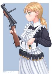 Rule 34 | 1girl, 40mm grenade, absurdres, ammunition, ammunition pouch, apron, artist name, bandolier, black shirt, blonde hair, blush, border, break-action grenade launcher, break action, chest rig, closed mouth, collared shirt, commentary request, explosive, feet out of frame, flip-up sight, frilled apron, frills, from side, green eyes, grenade, grenade cartridge, grenade launcher, gun, hair behind ear, hair tie, highres, holding, holding gun, holding weapon, kzm (sub-moa works), large-caliber cartridge, blue background, long sleeves, looking at object, looking to the side, m79, maid, maid apron, medium hair, original, outside border, partial commentary, ponytail, pouch, profile, reloading, shirt, simple background, skirt, solo, twitter username, two-tone dress, weapon, white apron, white border, white shirt, white skirt