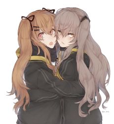 Rule 34 | 2girls, after kiss, android, armband, black jacket, black ribbon, blush, brown hair, collared shirt, crossed bangs, girls&#039; frontline, hair between eyes, hair ornament, hair ribbon, hairclip, highres, hood, hood down, hooded jacket, hoodie, hug, incest, jacket, ki lllorz, long hair, long sleeves, looking at viewer, multiple girls, open clothes, open jacket, parted lips, red eyes, ribbon, saliva, saliva trail, scar, scar across eye, scar on face, scarf, shirt, siblings, side ponytail, sidelocks, simple background, sisters, striped clothes, striped hoodie, tongue, tongue out, track jacket, twins, twintails, ump45 (girls&#039; frontline), ump9 (girls&#039; frontline), upper body, white background, white shirt, yellow eyes, yuri